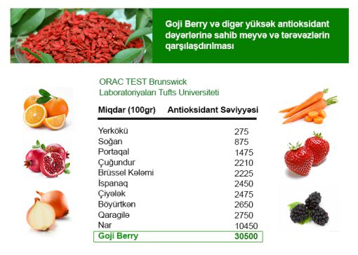  Goji berry meyvesinde antioksidan oranı